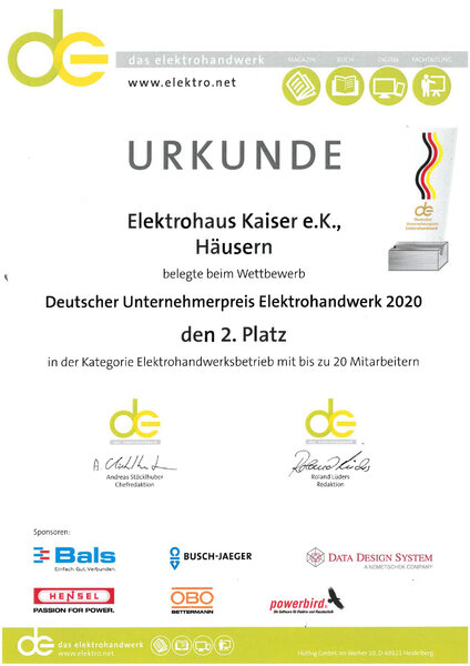 2. Platz Deutscher Unternehmenspreis Elektrohandwerk 2020 2. Platz Deutscher Unternehmenspreis Elektrohandwerk 2020