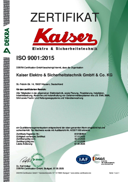 ISO 9001:2015, Kaiser Elektro & Sicherheitstechnik ISO 9001:2015, Kaiser Elektro & Sicherheitstechnik